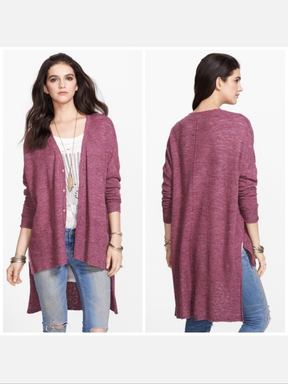 Free People Marled Maroon Purple High Low TGIF snap Front Closure Cardigan Top